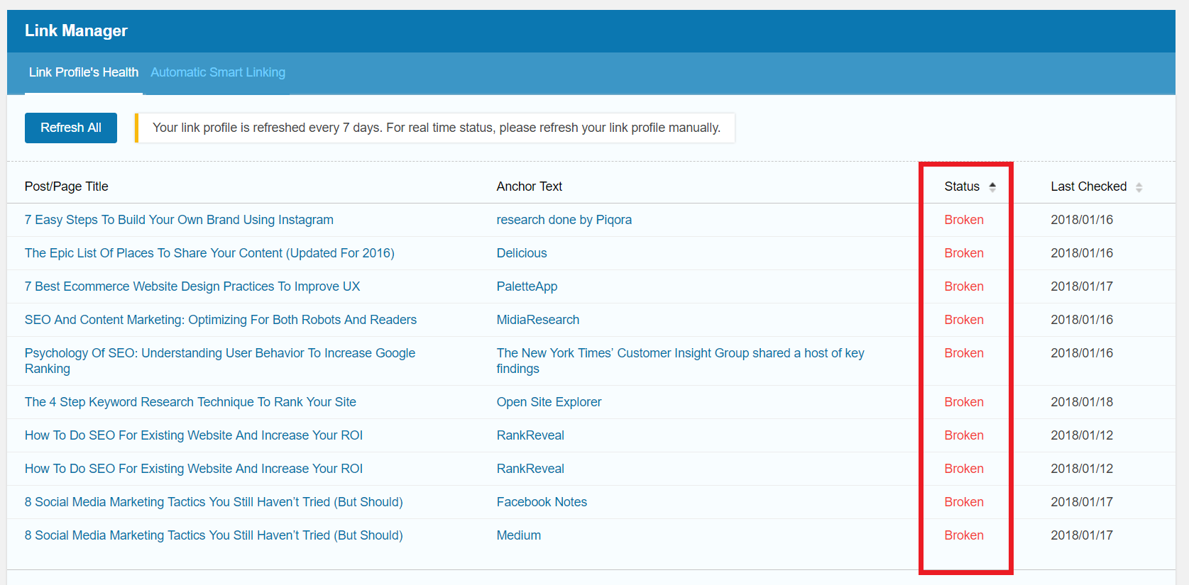 SEOPressor Smart Link Manager broken link status