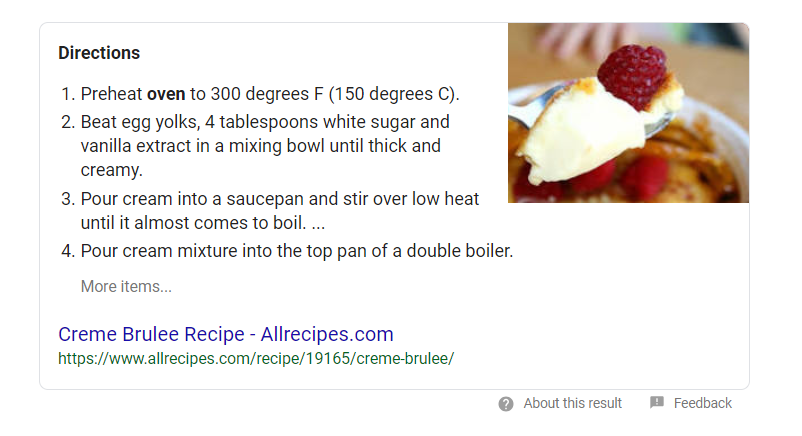 Featured snippet of ordered list