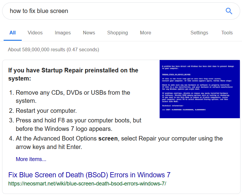 Example of featured snippet with list.