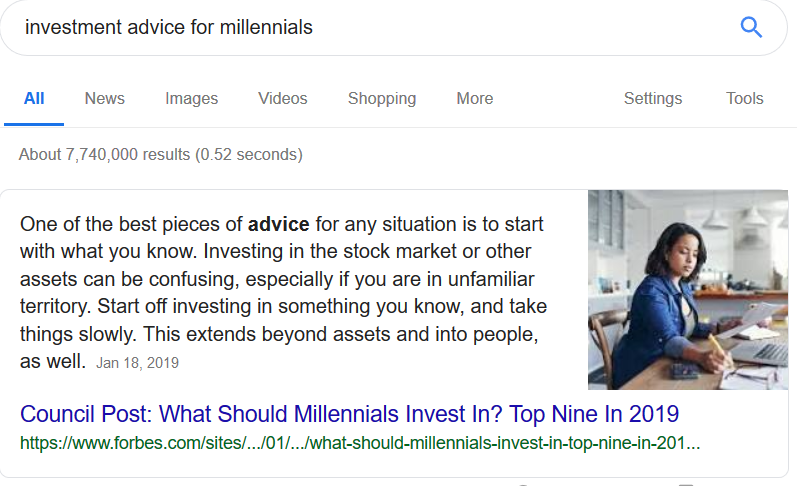 Example of featured snippet with compact paragraph