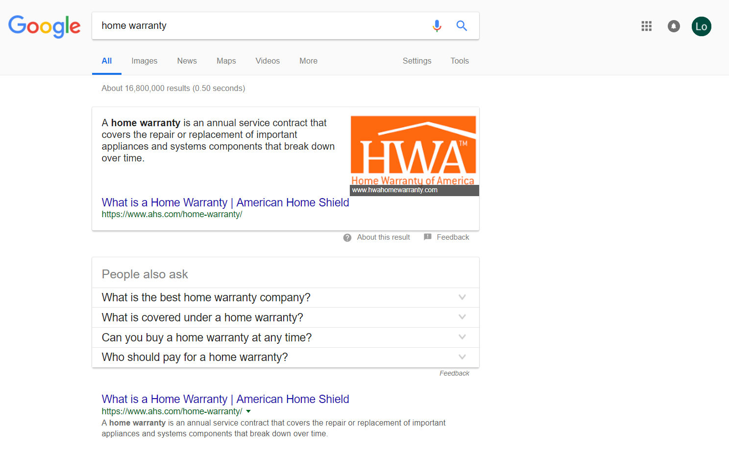 ahs home warranty company 1st spot on serp