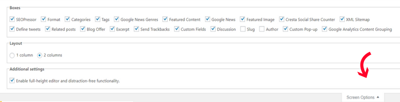 Picture of WordPress Shortcuts screen options