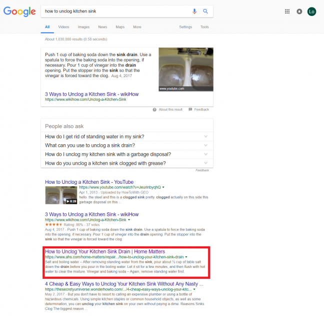 SERP how to unclog a kitchen sink - edited